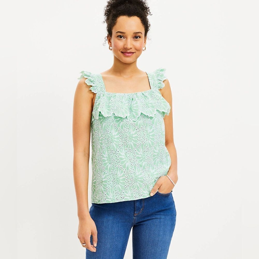 Loft Eyelet Ruffle Square Neck Tank Top